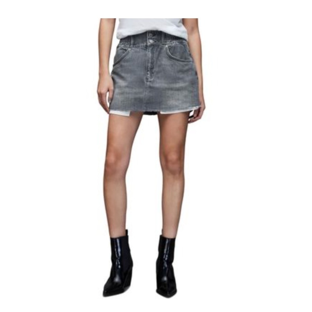 ALL SAINTS Hailey Denim Mini Skirt Distressed Black-Gray High Rise Size 12